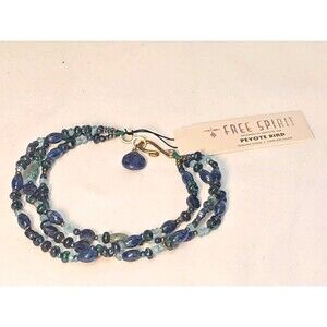 Peyote Bird 3 Strand Blue Green Beads Gemstones Gold Hook 7.5" Bracelet NWT